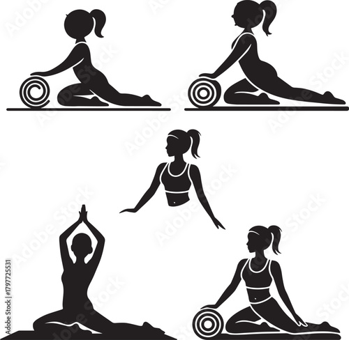 Yoga practice silhouettes collection including stretching poses and meditation in black and white illustration fitness and healthy lifestyle graphics