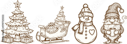 Collection of christmas elements including a decorated tree, a sleigh full of gifts, a snowman, and santa claus