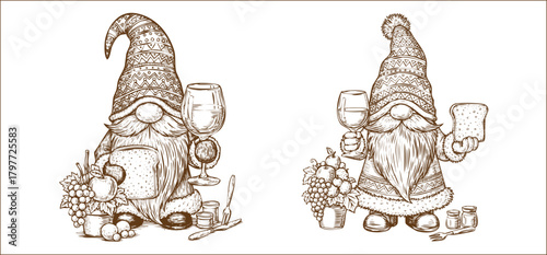 Two charming handdrawn gnomes holding wine glasses and surrounded by grapes and apples