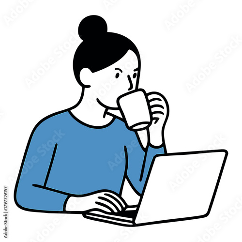 Woman Drinking Coffee While Working on Laptop Doodle Icon for Productivity and Remote Work