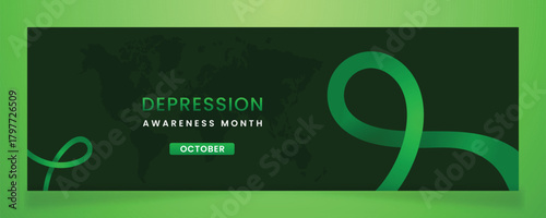 Depression Awareness Month in October: Green Ribbon Banner with World Map on a Dark Green Background