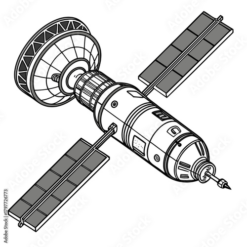 Detailed line art illustration of a futuristic space station module with solar panels and a large dish antenna