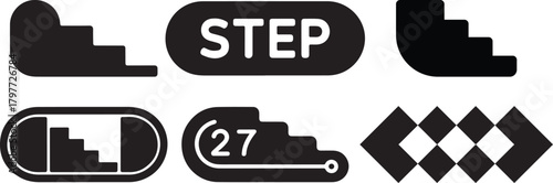 Collection of Step Icons Stairway Symbols and Graphic Elements in Black Silhouette isolated on white