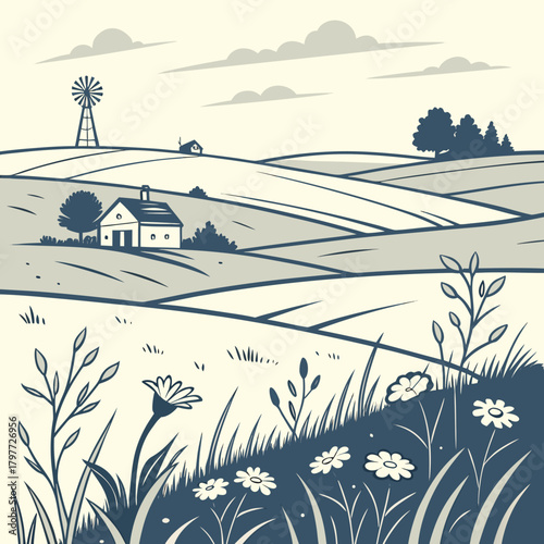 Stylized illustration of a serene rural landscape with rolling hills a farmhouse and a windmill under a cloudy sky