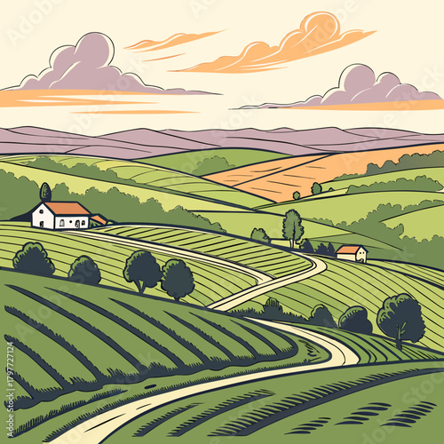 Idyllic rolling green countryside landscape with winding dirt roads and farmhouses under a colorful sky