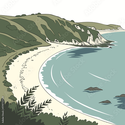 A serene coastal landscape illustration featuring a sandy beach with footprints and rolling green hills meeting the calm blue ocean