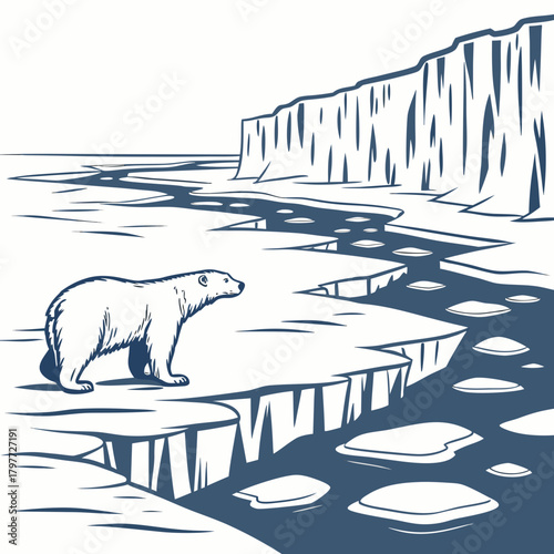 A lone polar bear stands on a melting ice floe near a towering ice cliff in the arctic wilderness