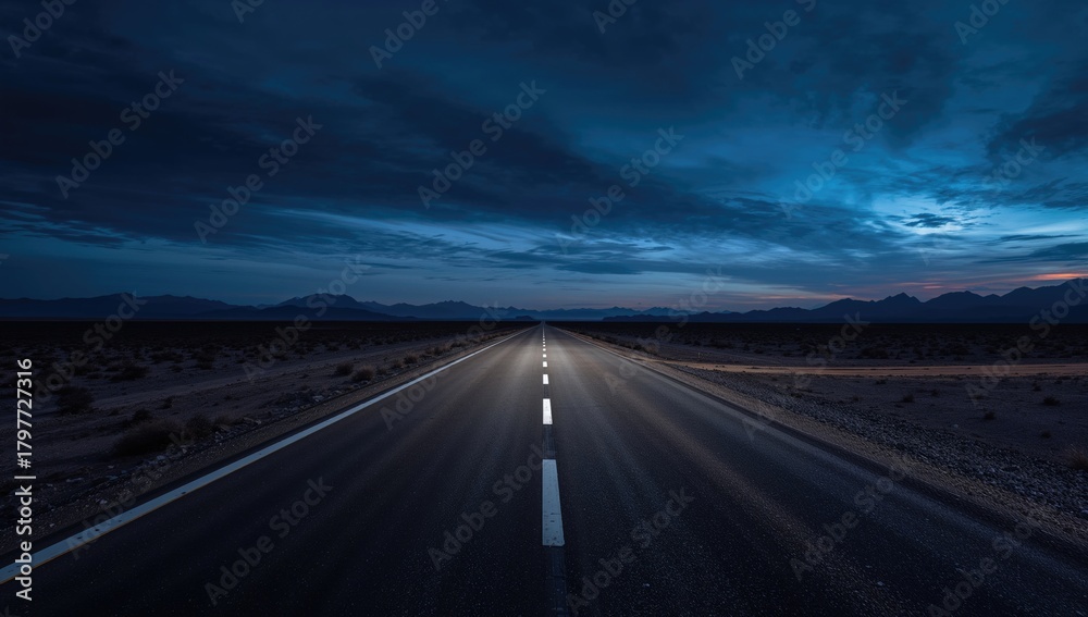 Naklejka premium Modern highway traversing a desert under an evening sky, showcasing travel innovation and infrastructure development