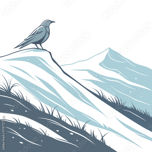 A solitary bird perched on a snowy mountain peak overlooking a vast winter landscape