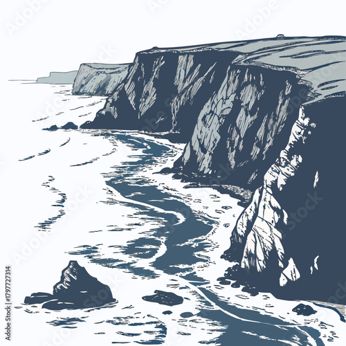 Stylized illustration of dramatic rugged coastal cliffs meeting the ocean with foamy waves and distant headlands under a clear sky