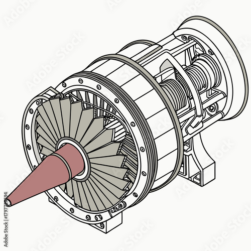 Detailed technical illustration of a jet engine turbine with fan blades and internal components in a clean isometric view