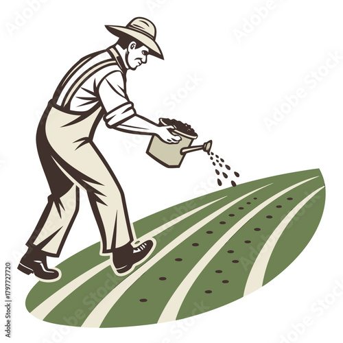 Farmer wearing overalls and hat waters newly planted seeds in a stylized green field with rows of soil