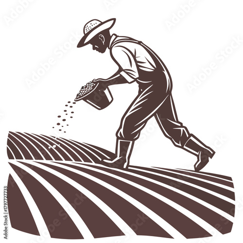 Farmer wearing overalls and a hat sowing seeds by hand in a tilled field with striped rows