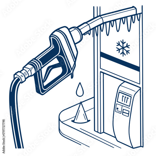 Frozen fuel pump nozzle with icicles and a snowflake symbol indicating cold weather affecting gasoline prices