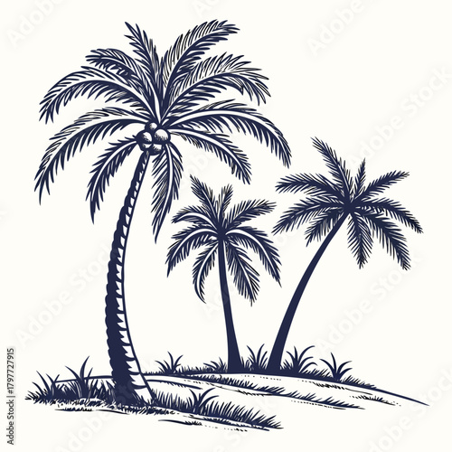 Stylized dark blue silhouette of three palm trees with coconuts on a sandy island with grass