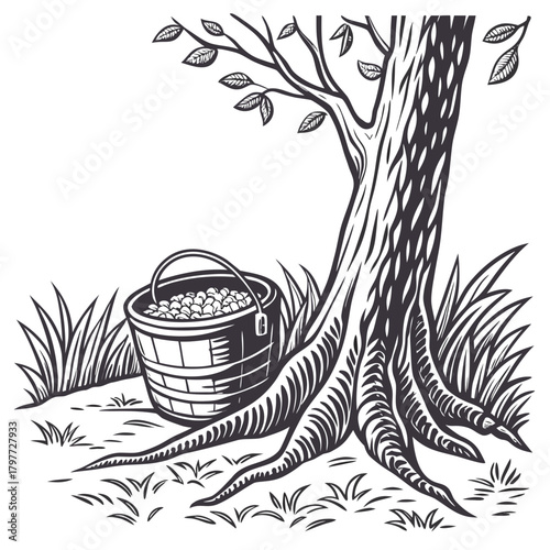 A vintage woodcut illustration of a full basket of harvested nuts resting beside the gnarled roots of a large tree