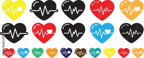 Colorful Heart Symbols with ECG Waveforms Representing Healthcare and Cardiovascular Health Conceptual Design Graphic