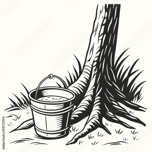 Black and white illustration of a bucket filled with liquid placed at the base of a tree trunk surrounded by grass