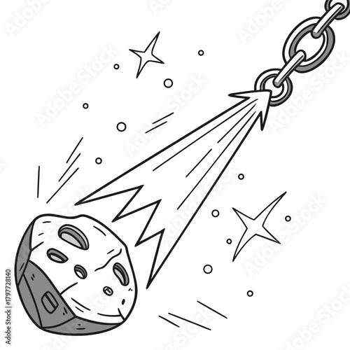 Cartoon asteroid with craters falling through space with a chain attached and stars in the background