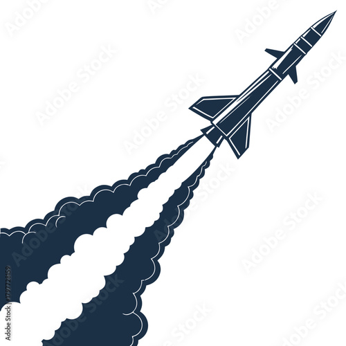 Stylized dark blue rocket ship launching upwards leaving a trail of smoke against a white background