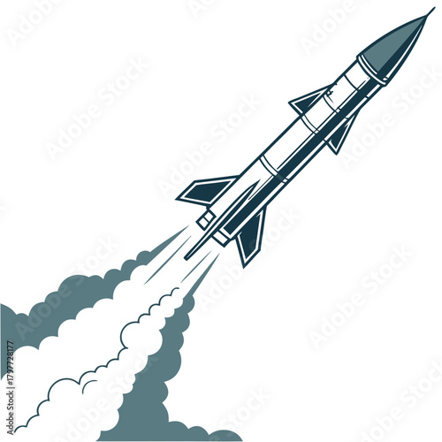 Stylized rocket launching upwards leaving a trail of smoke against a white background