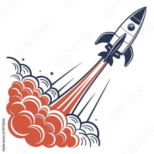 Retro style cartoon rocket blasting off with fiery exhaust and stylized smoke clouds against a white background