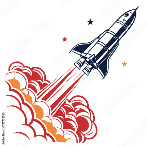 Stylized retro rocket ship blasting off into space leaving a trail of fiery exhaust and smoke with stars