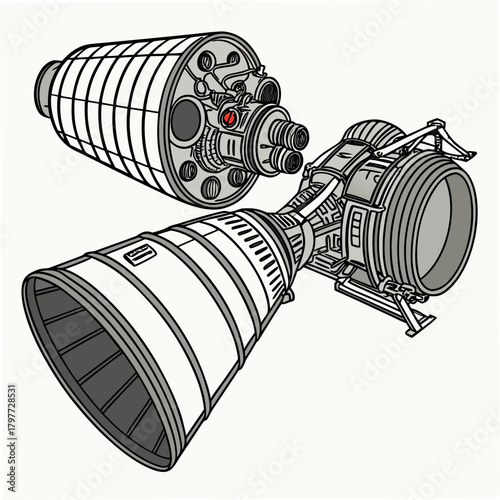 Detailed illustration of a rocket engine nozzle and booster stage with intricate mechanical components and a red indicator light
