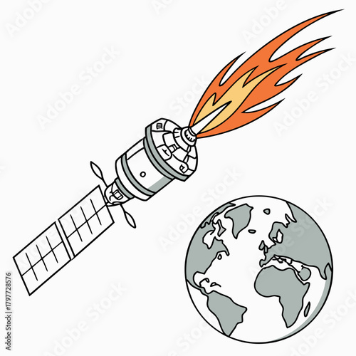 Cartoon satellite with solar panels and fiery exhaust propels itself through space near planet earth