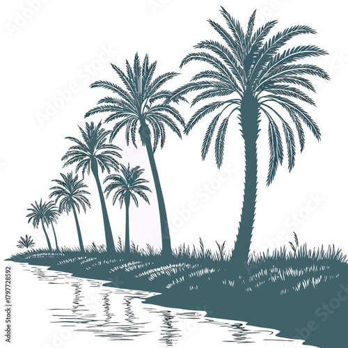 A row of stylized palm trees silhouetted against a white background with a river flowing beside them
