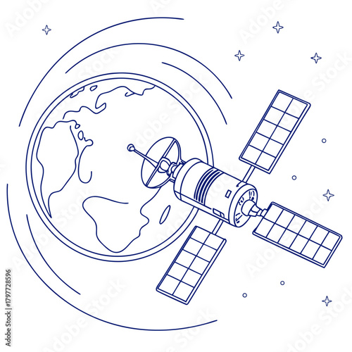 Stylized line art illustration of a satellite orbiting planet earth against a starry night sky background