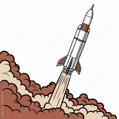 Retro styled rocket blasting off into the sky with billowing smoke and flames against a white background