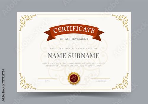 Elegant and luxurious certificate template with badge. Awards diploma background