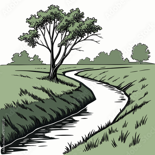 A serene hand drawn illustration of a winding river flowing through a lush green meadow with a solitary tree