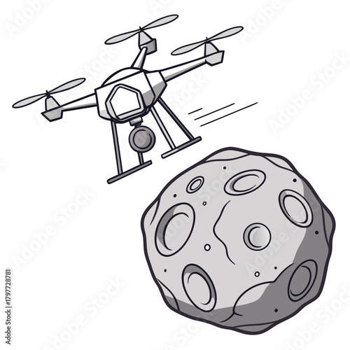 A futuristic drone with a camera explores a rocky asteroid in outer space on a white background
