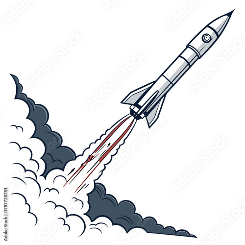 Retro style rocket ship blasting off into the sky with dark smoke and red exhaust flames