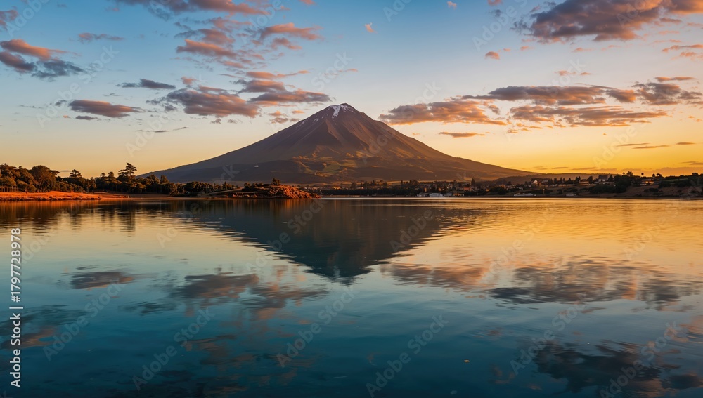 Fototapeta premium Sunset view above the tranquil lake, highlighting seasonal change