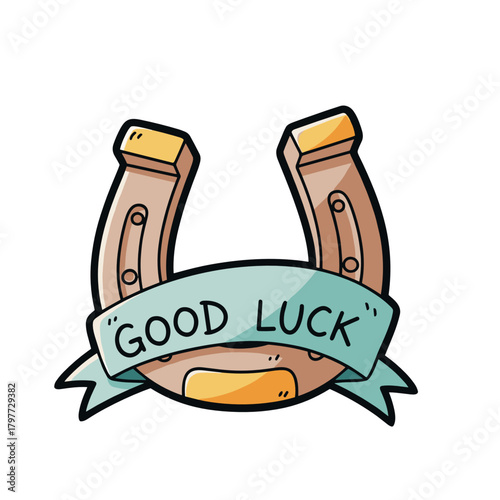 Illustrated horseshoe with ribbon reading "Good Luck" in colorful design  