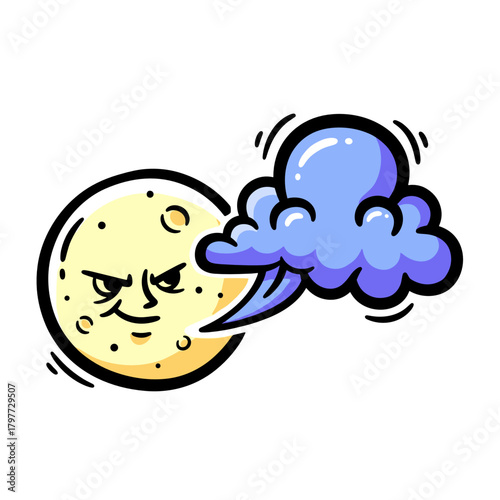 Cartoon moon with angry face blowing a blue cloud concept of Old New Year  