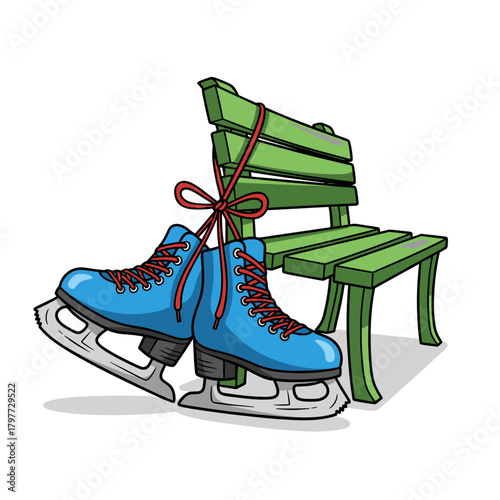 Blue ice skates tied together leaning against a green bench for Old New Year  