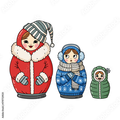 Colorful Russian nesting dolls in winter clothes representing Old New Year  
