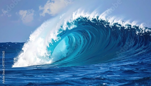 Fototapeta Naklejka Na Ścianę i Meble -  Massive Ocean Wave Crashing With White Foam Under A Cloudy Blue Sky During Daytime With Sun Reflecting On The Water