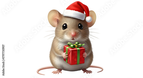 Adorable mouse wearing Santa hat holding Christmas gift box present
