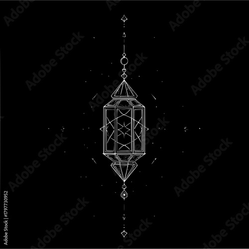 Geometric lantern illustration with intricate details and symmetrical design for a mystical aesthetic look and feel
