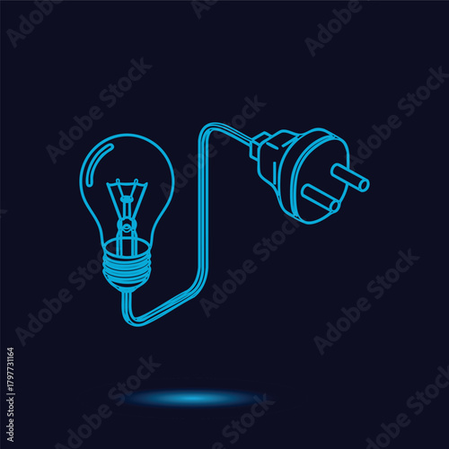 Blue Neon Line Art Vector Illustration of a Classic Light Bulb Connected to an Electric Power Plug via a Cord Representing Energy Supply Innovation and Idea Generation on a Dark Background