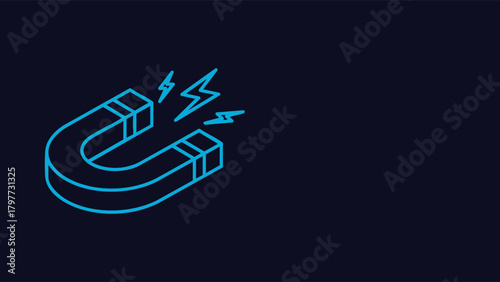 Bright Blue Outline Vector Illustration of a Horseshoe Magnet Emitting Powerful Electrical Energy and Lightning Bolts Symbolizing Strong Attraction Innovation and Scientific Power