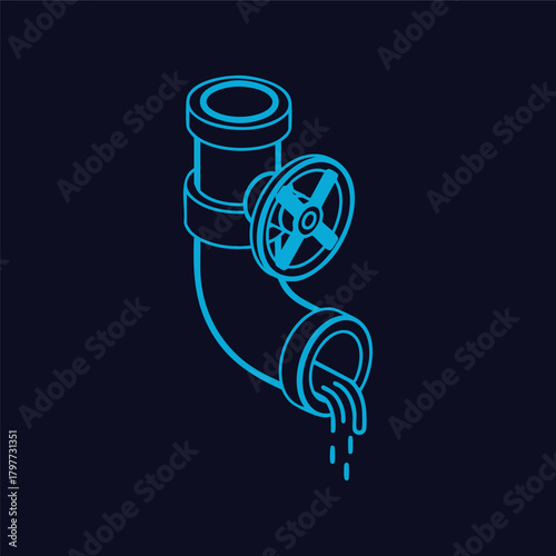Detailed Isometric Blue Line Art Vector Illustration Featuring a Plumbing Pipe System with a Large Control Valve Wheel and Water Flowing Out Against a Dark Background