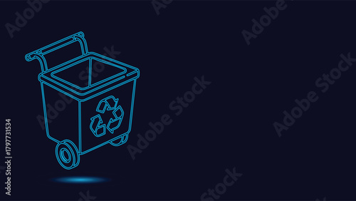 Isometric Line Art Illustration Of A Modern Recycling Cart With Wheels Featuring A Bright Blue Neon Glow Effect On A Dark Background Representing Green Technology And Eco-Friendly Solutions