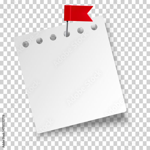 Blank white note paper with red flag pushpin for message board
