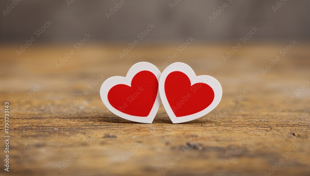 Fototapeta premium Two red hearts on a vintage wooden surface, ideal for romantic themes